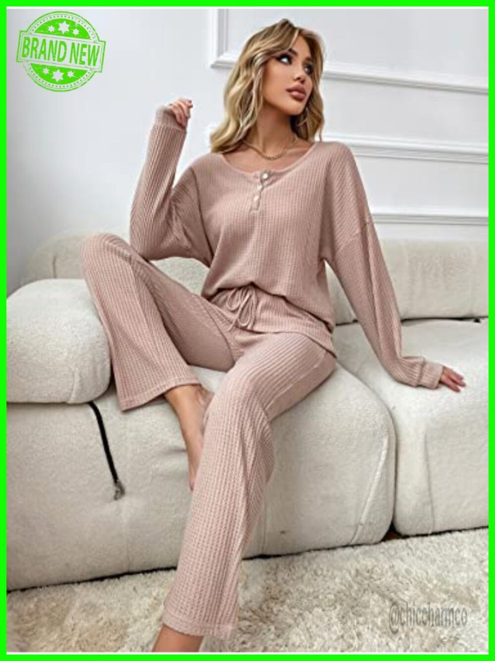 Waffle Knit Pajama Lounge Set Long Pants Sleepwear 2 Piece - Picture 4 of 4